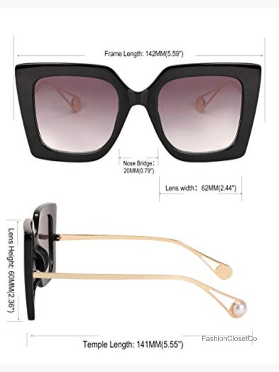 Oversized Square Cat Eye Sunglasses with Pearl Inlay Arms UV400 Protection